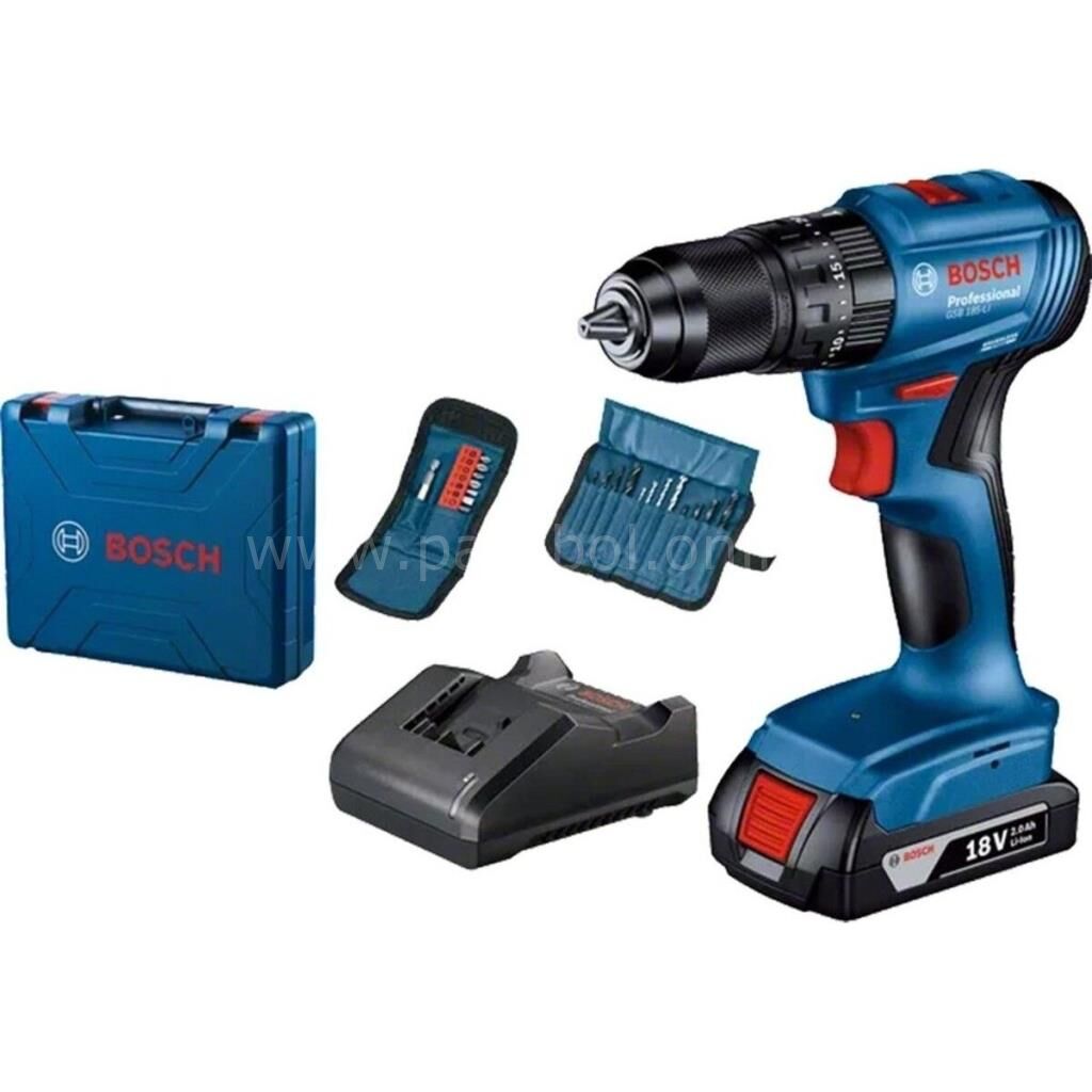 Bosch Professional GSB 185-Li 2.0 Ah Tek Akülü Kömürsüz Motor Darbeli Matkap + 23 Parça Aksesuar Set - 06019K3102