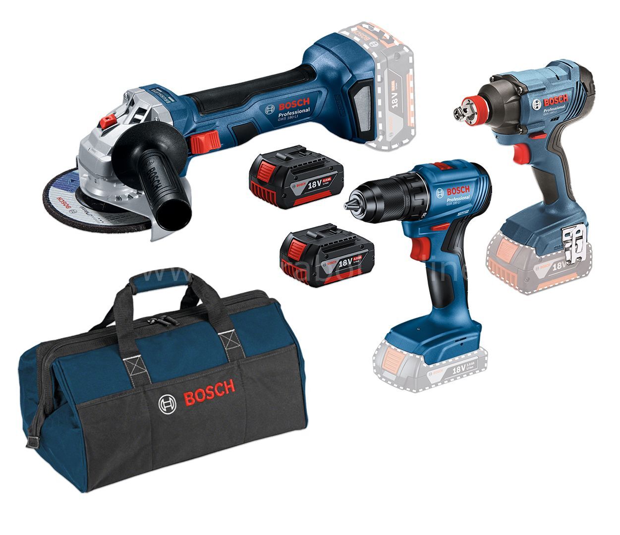 Bosch Professional Gsr 185 + Gdx 180 + Gws 180 2x4Ah Akülü Çantalı vidalama ve taşlaşma seti
