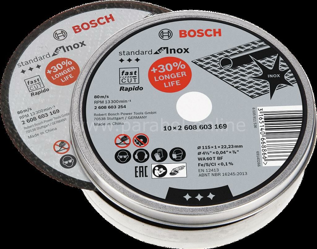 Bosch - 115*1,0mm Standard Seri Düz Inox (Paslanmaz Çelik) Kesme Diski (Taş) - Rapido 10'lu 2608603254