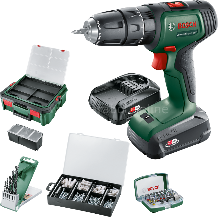 Bosch UniversalImpact 18V (2x 1,5Ah) Akülü Darbeli/Delme Vidalama Makinesi + 210 parça set + Systembox S 06039D4107