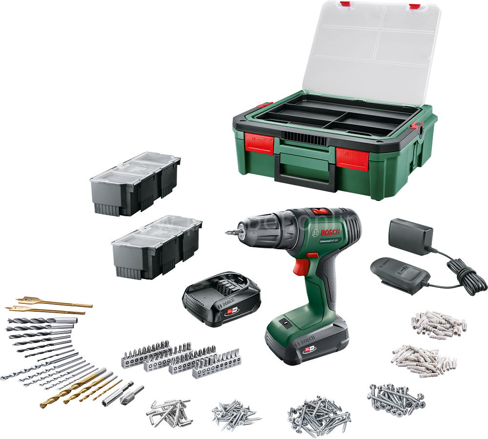 Bosch UniversalDrill 18V (2x1,5 Ah) Akülü Delme Vidalama Makinesi+ 241 parça set + Systembox S 06039D4003